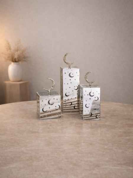 طقم علب رمضان لون فضي ميرور للشمع او الضيافه