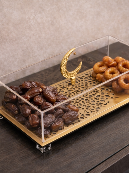 صحن ضيافه ديزاين شرقي ذهبي مع غطا 35x20 cm