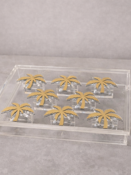 Clear box with 8 acrylic palm-tree napkin rings